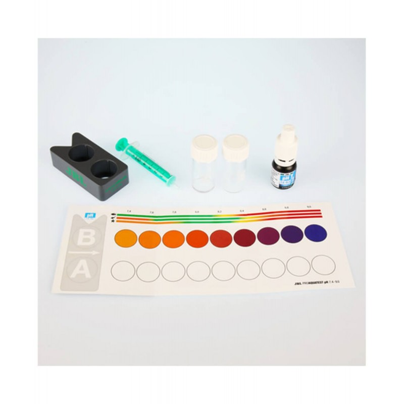 Kit per il test del pH dell'acqua dell'acquario con provette, siringa, scala colorimetrica e reagente liquido.